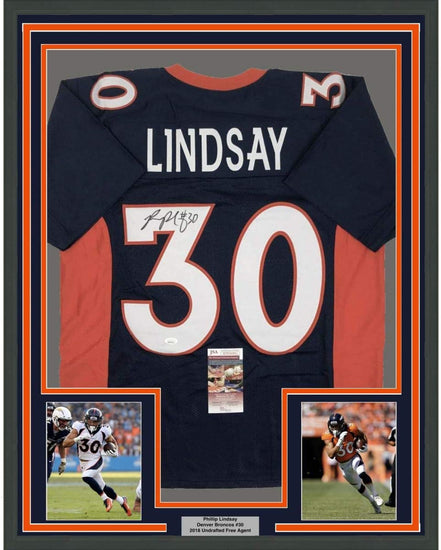 Framed Autographed/Signed Phillip Lindsay 35x39 Denver Blue Football Jersey JSA COA