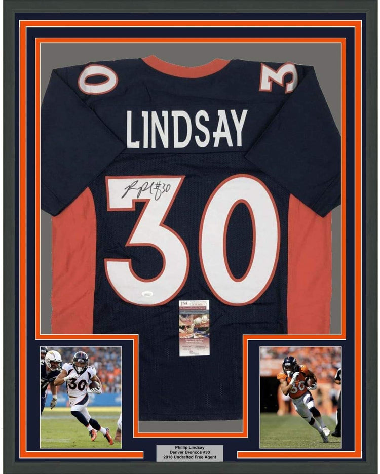 Framed Autographed/Signed Phillip Lindsay 35x39 Denver Blue Football Jersey JSA COA