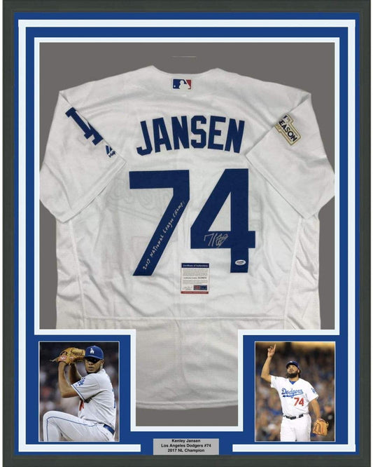Framed Autographed/Signed Kenley Jansen 35x39 2017 National League Champs Los Angeles LA White Baseball Jersey PSA/DNA COA