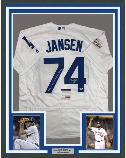 Framed Autographed/Signed Kenley Jansen 35x39 2017 National League Champs Los Angeles LA White Baseball Jersey PSA/DNA COA