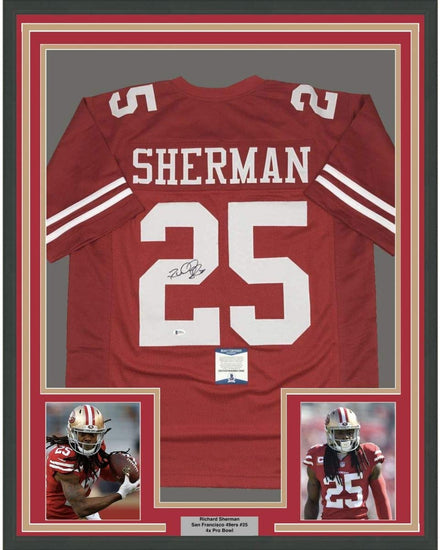 Framed Autographed/Signed Richard Sherman 35x39 San Francisco Red Football Jersey Beckett BAS COA