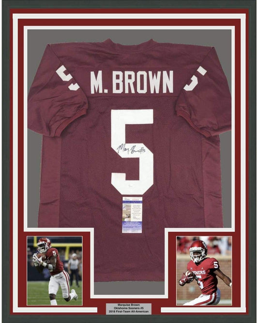 Framed Autographed/Signed Marquise Brown 35x39 Oklahoma Red College Football Jersey JSA COA