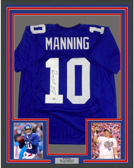 Framed Autographed/Signed Eli Manning 35x39 New York Blue Football Jersey Steiner Sports COA Hologram Only