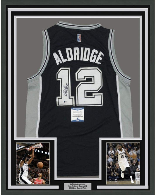 Framed Autographed/Signed LaMarcus Aldridge 35x39 San Antonio Black Basketball Jersey Beckett BAS COA