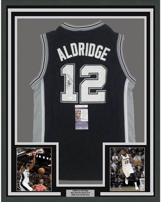 Framed Autographed/Signed LaMarcus Aldridge 35x39 San Antonio Black Basketball Jersey JSA COA