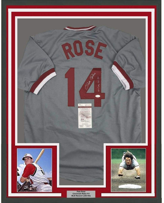 Framed Autographed/Signed Pete Rose 4256 35x39 Cincinnati Grey Baseball Jersey JSA COA
