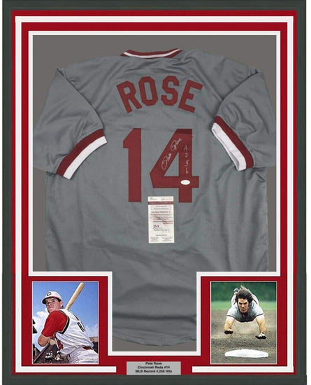 Framed Autographed/Signed Pete Rose 4256 35x39 Cincinnati Grey Baseball Jersey JSA COA