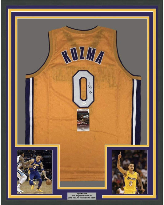 Framed Autographed/Signed Kyle Kuzma 35x39 Los Angeles LA Yellow Basketball Jersey JSA COA