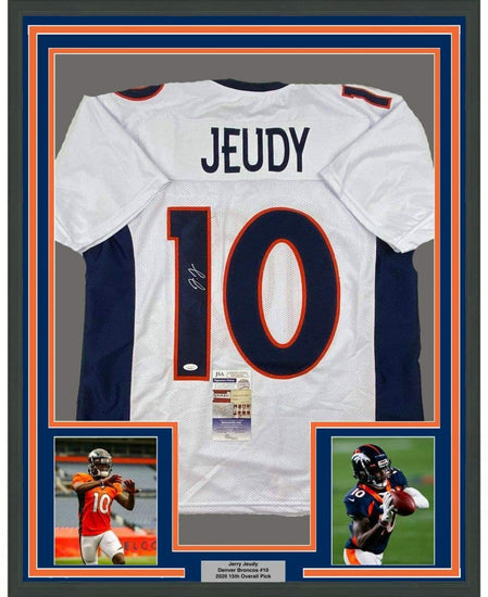 Framed Autographed/Signed Jerry Jeudy 35x39 Denver White Football Jersey JSA COA