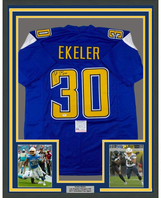 Framed Autographed/Signed Austin Ekeler 35x39 Los Angeles LA Color Rush Football Jersey PSA/DNA COA