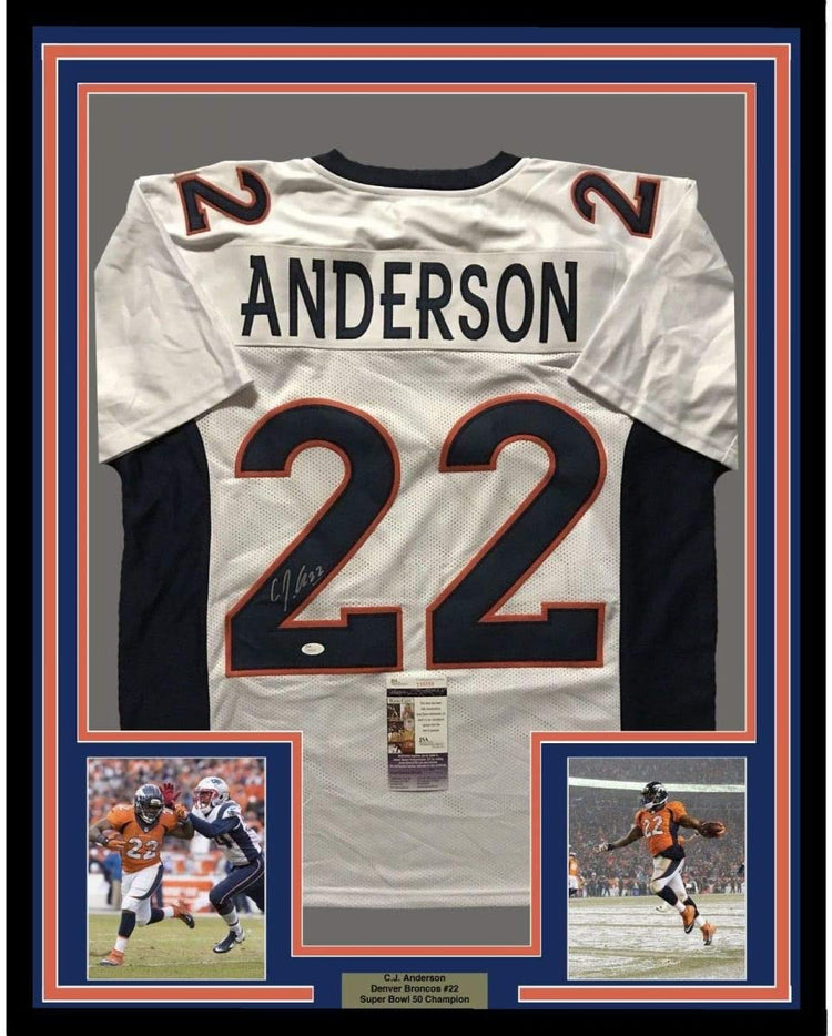 Framed Autographed/Signed CJ C.J. Anderson 35x39 Denver Broncos White Football Jersey JSA COA