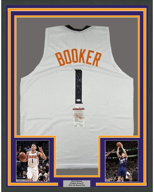 Framed Autographed/Signed Devin Booker 35x39 Phoenix White Basketball Jersey JSA COA