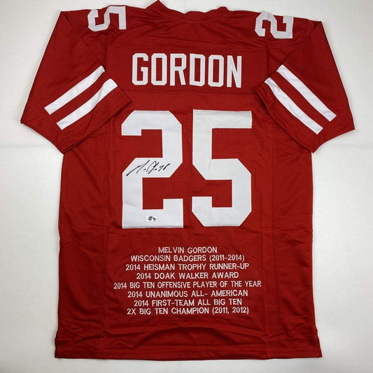 Autographed/Signed Melvin Gordon III Wisconsin Red Stat College Football Jersey Athlete Hologram COA