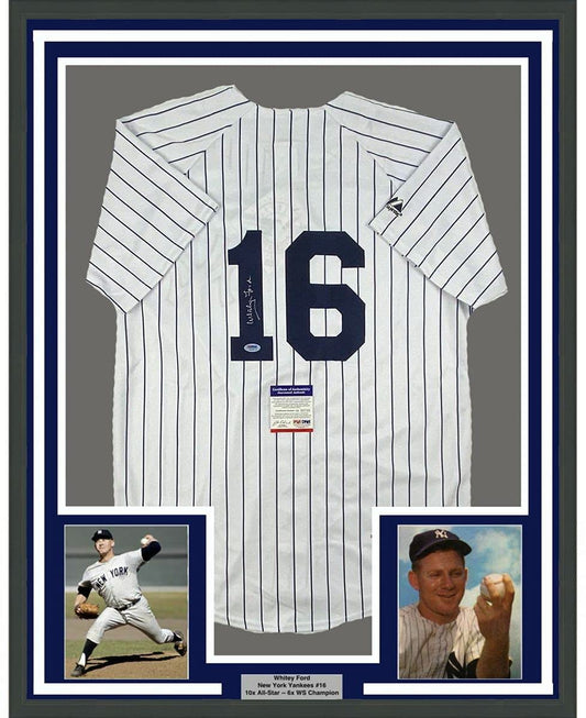 Framed Autographed/Signed Whitey Ford 35x39 New York Pinstripe Baseball Jersey PSA/DNA COA #2
