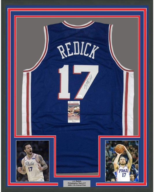 Framed Autographed/Signed JJ J.J. Redick 35x39 Philadelphia Blue Basketball Jersey JSA COA