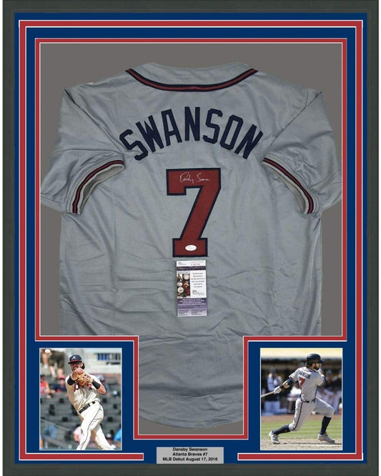 Framed Autographed/Signed Dansby Swanson 35x39 Atlanta Grey Baseball Jersey JSA COA
