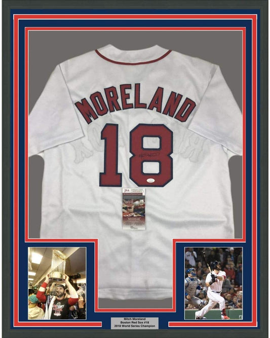 Framed Autographed/Signed Mitch Moreland 35x39 Boston White Baseball Jersey JSA COA