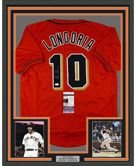 Framed Autographed/Signed Evan Longoria 35x39 San Francisco Orange Baseball Jersey JSA COA