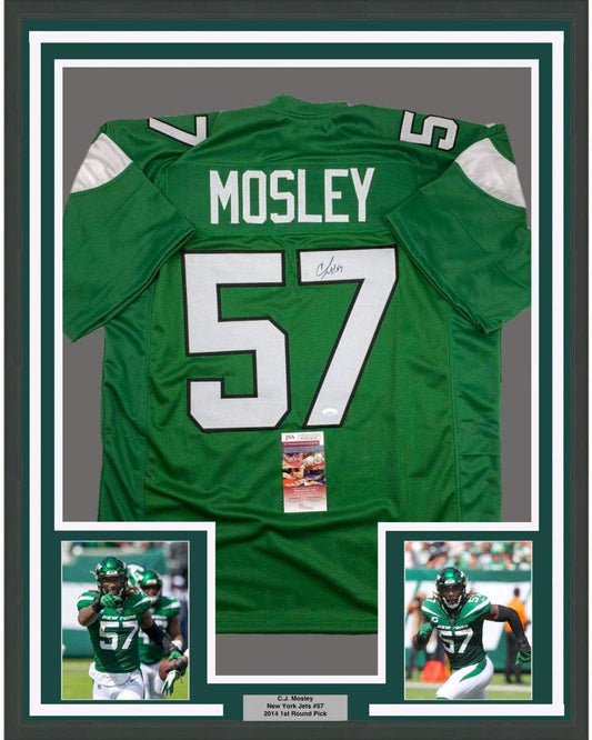 Framed Autographed/Signed CJ C.J. Mosley 35x39 New York Green Football Jersey JSA COA
