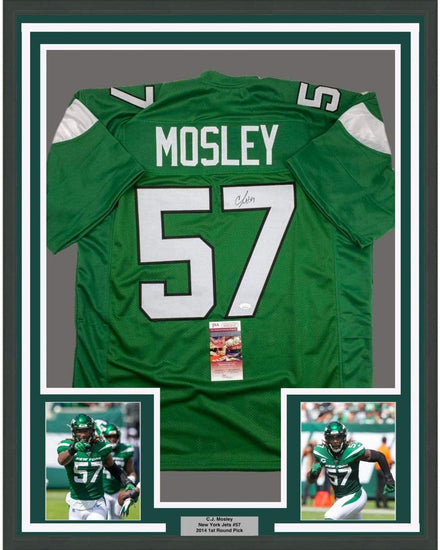 Framed Autographed/Signed CJ C.J. Mosley 35x39 New York Green Football Jersey JSA COA