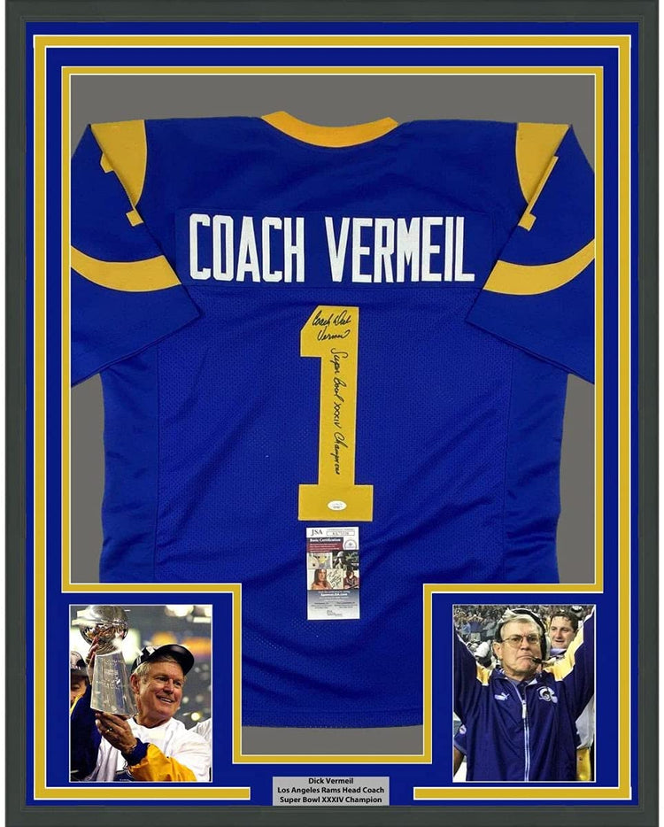 Framed Autographed/Signed Dick Vermeil 35x39 Super Bowl XXXIV St. Louis Royal Blue Football Jersey JSA COA