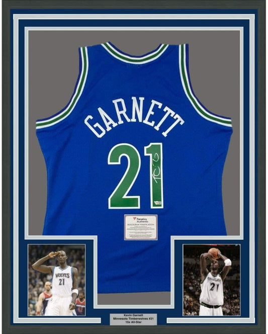 Framed Autographed/Signed Kevin Garnett 35x39 Minnesota Timberwolves Blue Authentic Mitchell & Ness Basketball Jersey Fanatics COA