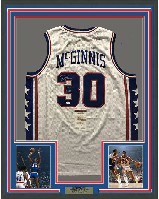 Framed Autographed/Signed George McGinnis"HOF 2017" 35x39 Philadelphia White Basketball Jersey JSA COA