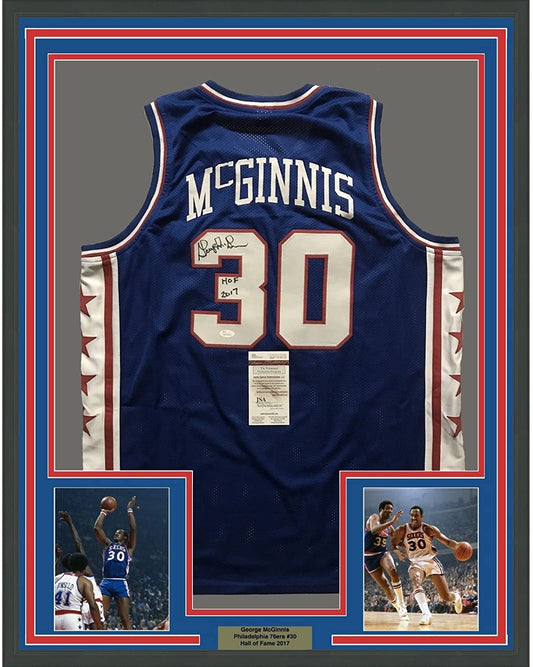 Framed Autographed/Signed George McGinnis"HOF 2017" 35x39 Philadelphia Blue Basketball Jersey JSA COA