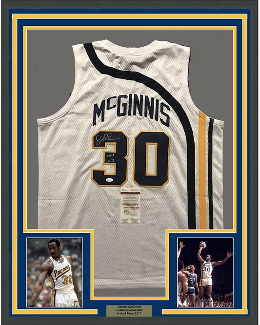 Framed Autographed/Signed George McGinnis"HOF 17" 35x39 Indiana White Basketball Jersey JSA COA