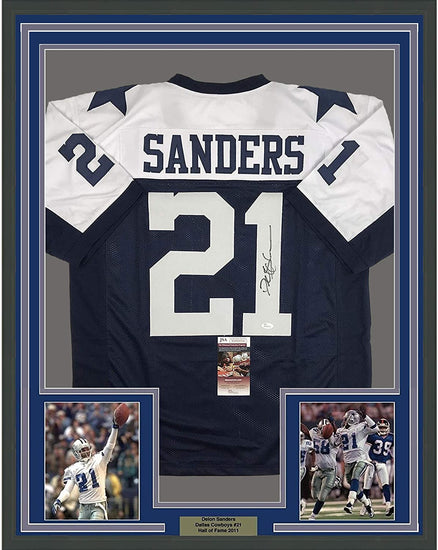 Framed Autographed/Signed Deion Sanders 35x39 Dallas Thanksgiving Day Football Jersey JSA COA