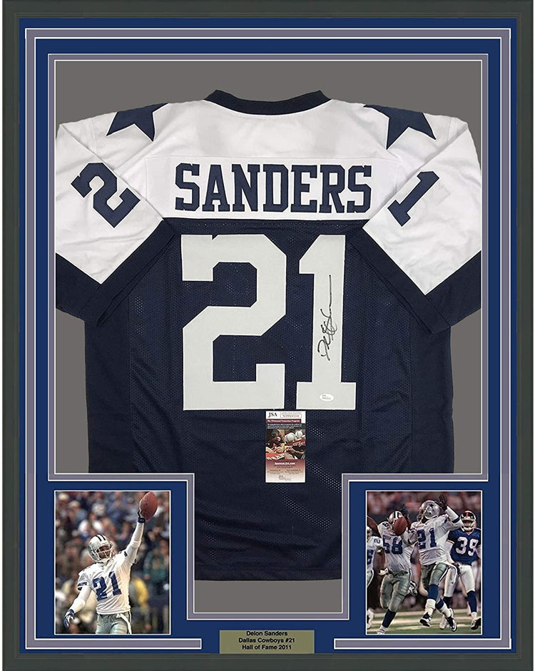 Framed Autographed/Signed Deion Sanders 35x39 Dallas Thanksgiving Day Football Jersey JSA COA