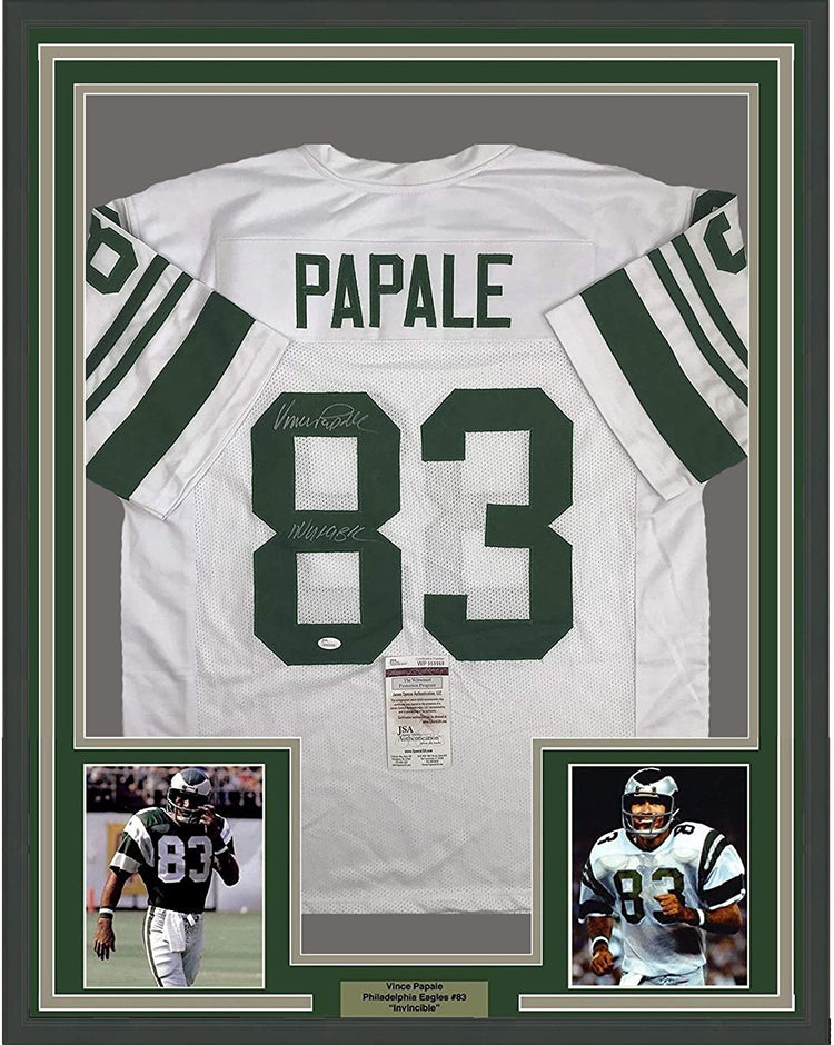 Framed Autographed/Signed Vince Papale"Invincible" 35x39 Philadelphia White Football Jersey JSA COA