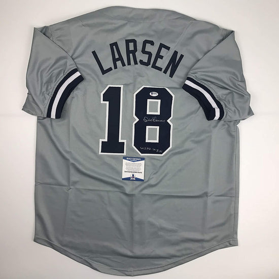 Autographed/Signed Don Larsen"WS PG 10-8-56" New York Grey Baseball Jersey Beckett BAS COA