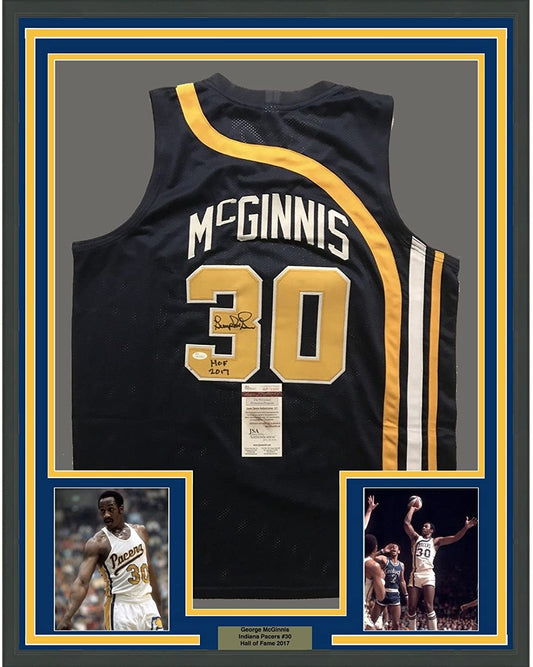 Framed Autographed/Signed George McGinnis"HOF 17" 35x39 Indiana Blue Basketball Jersey JSA COA