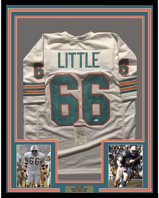 Framed Autographed/Signed Larry Little"HOF 93" 35x39 Miami Dolphins White Football Jersey JSA COA