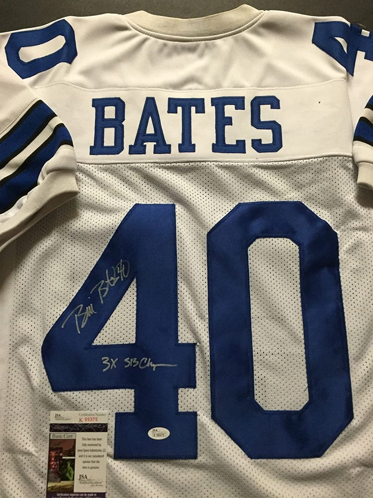 Autographed/Signed Bill Bates"3x SB Champ" Dallas Cowboys White Football Jersey JSA COA