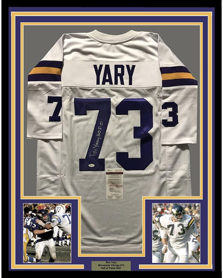 Framed Autographed/Signed Ron Yary"HOF 01" 35x39 Minnesota Vikings White Football Jersey JSA COA