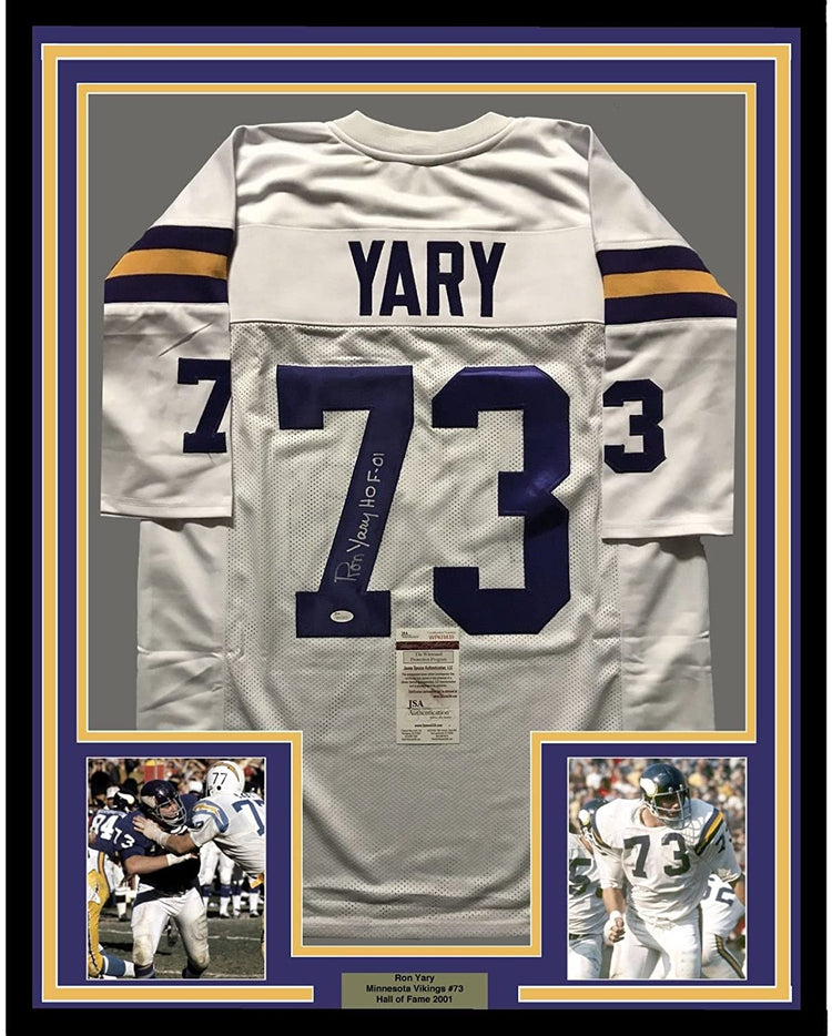 Framed Autographed/Signed Ron Yary"HOF 01" 35x39 Minnesota Vikings White Football Jersey JSA COA