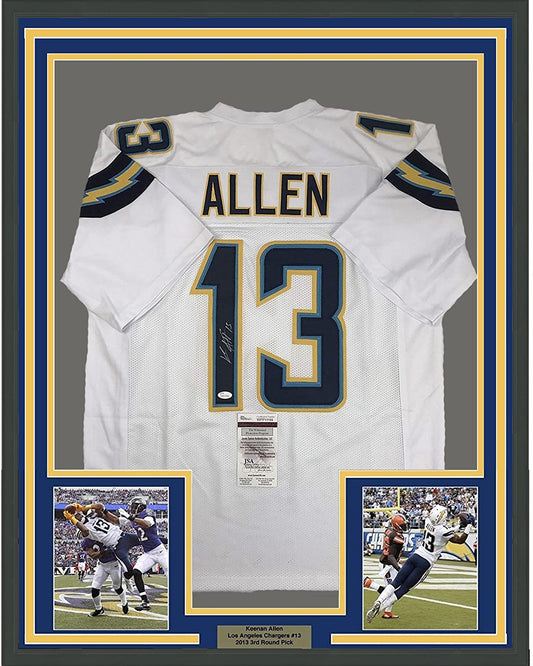 Framed Autographed/Signed Keenan Allen 35x39 Los Angeles LA Chargers White Football Jersey JSA COA