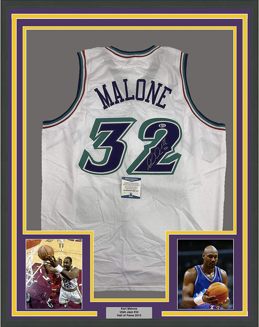 Framed Autographed/Signed Karl Malone 35x39 Utah White Basketball Jersey JSA COA