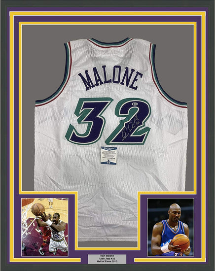 Framed Autographed/Signed Karl Malone 35x39 Utah White Basketball Jersey JSA COA