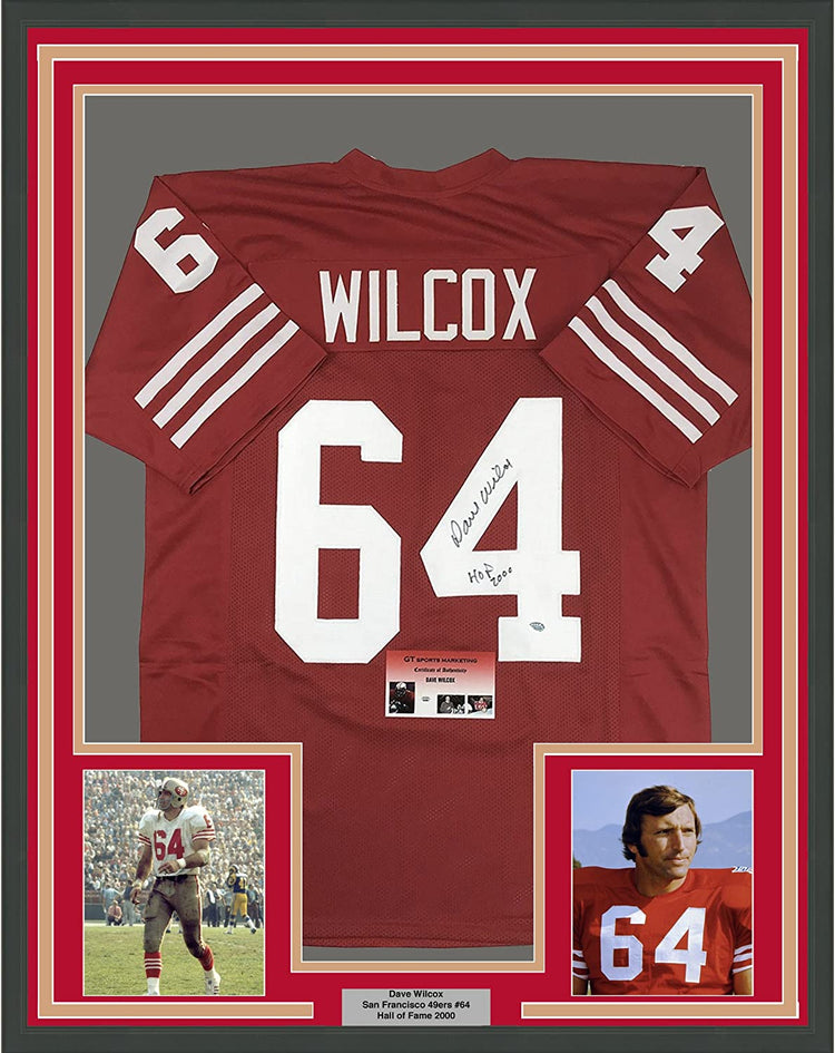 Framed Autographed/Signed Dave Wilcox"HOF 2000" 35x39 San Francisco 49ers Red Football Jersey GTSM COA