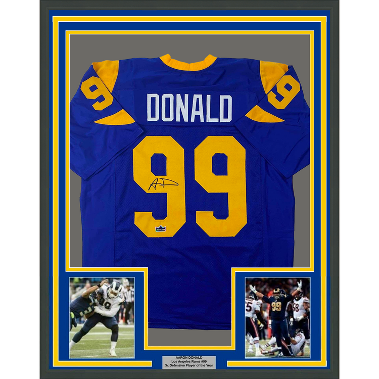 Framed Facsimile Autographed Aaron Donald 35x39 Los Angeles LA Royal Blue Retro Reprint Laser Auto Football Jersey