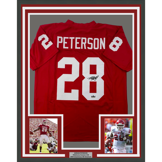 Framed Facsimile Autographed Adrian Peterson 35x39 Oklahoma Red Reprint Laser Auto College Football Jersey