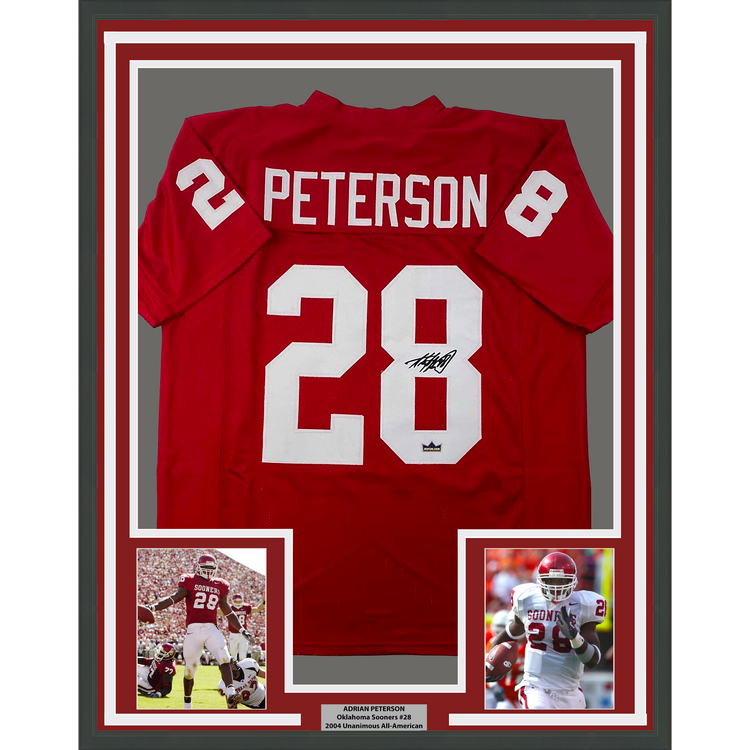 Framed Facsimile Autographed Adrian Peterson 35x39 Oklahoma Red Reprint Laser Auto College Football Jersey
