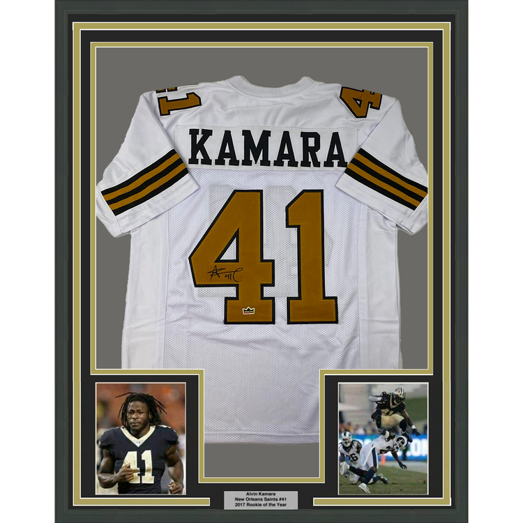 Framed Facsimile Autographed Alvin Kamara 35x39 New Orleans Color Rush Reprint Laser Auto Football Jersey