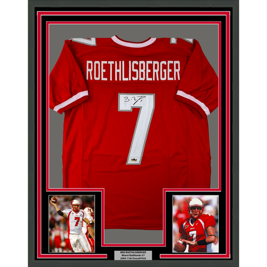 Framed Facsimile Autographed Ben Roethlisberger 35x39 Miami Ohio Red Reprint Laser Auto College Football Jersey Size Men's XL