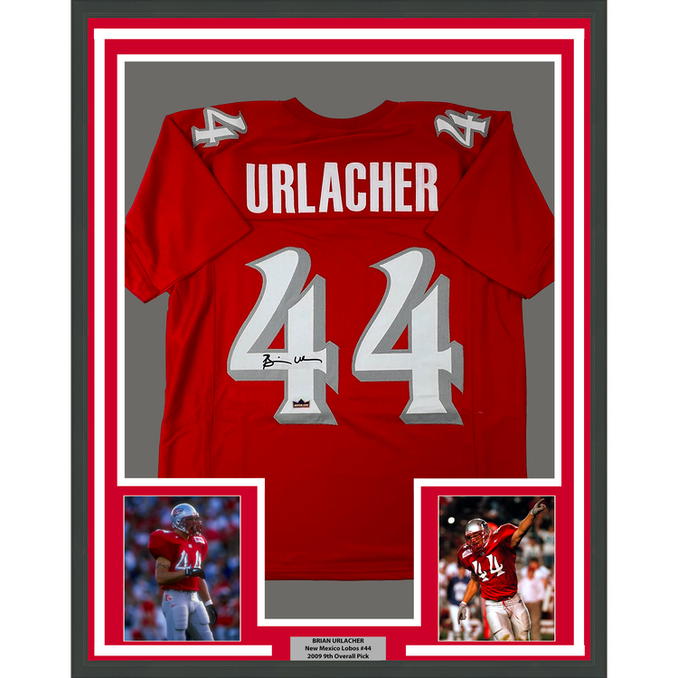 Framed Facsimile Autographed Brian Urlacher 35x39 New Mexico Red Reprint Laser Auto College Football Jersey Size Men's XL