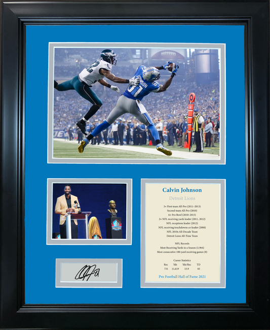 Framed Calvin Johnson Hall of Fame Facsimile Laser Engraved Signature Auto Detroit Lions 11"x14" Football Photo Sig Collage