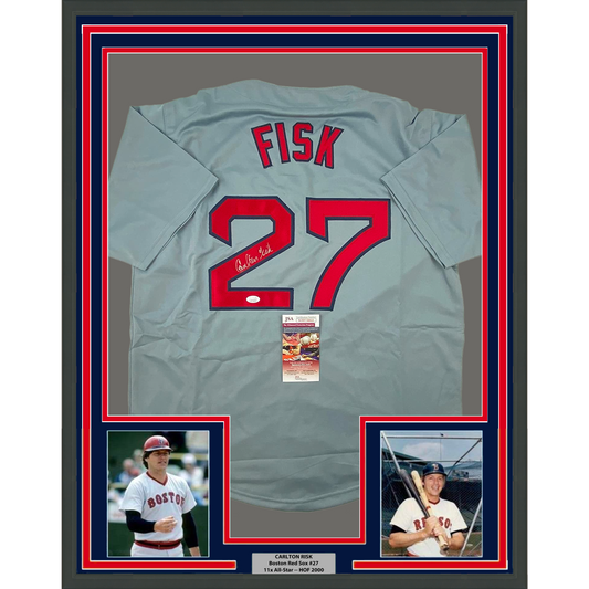 Framed Autographed/Signed Carlton Fisk 35x39 Boston Grey Baseball Jersey JSA COA